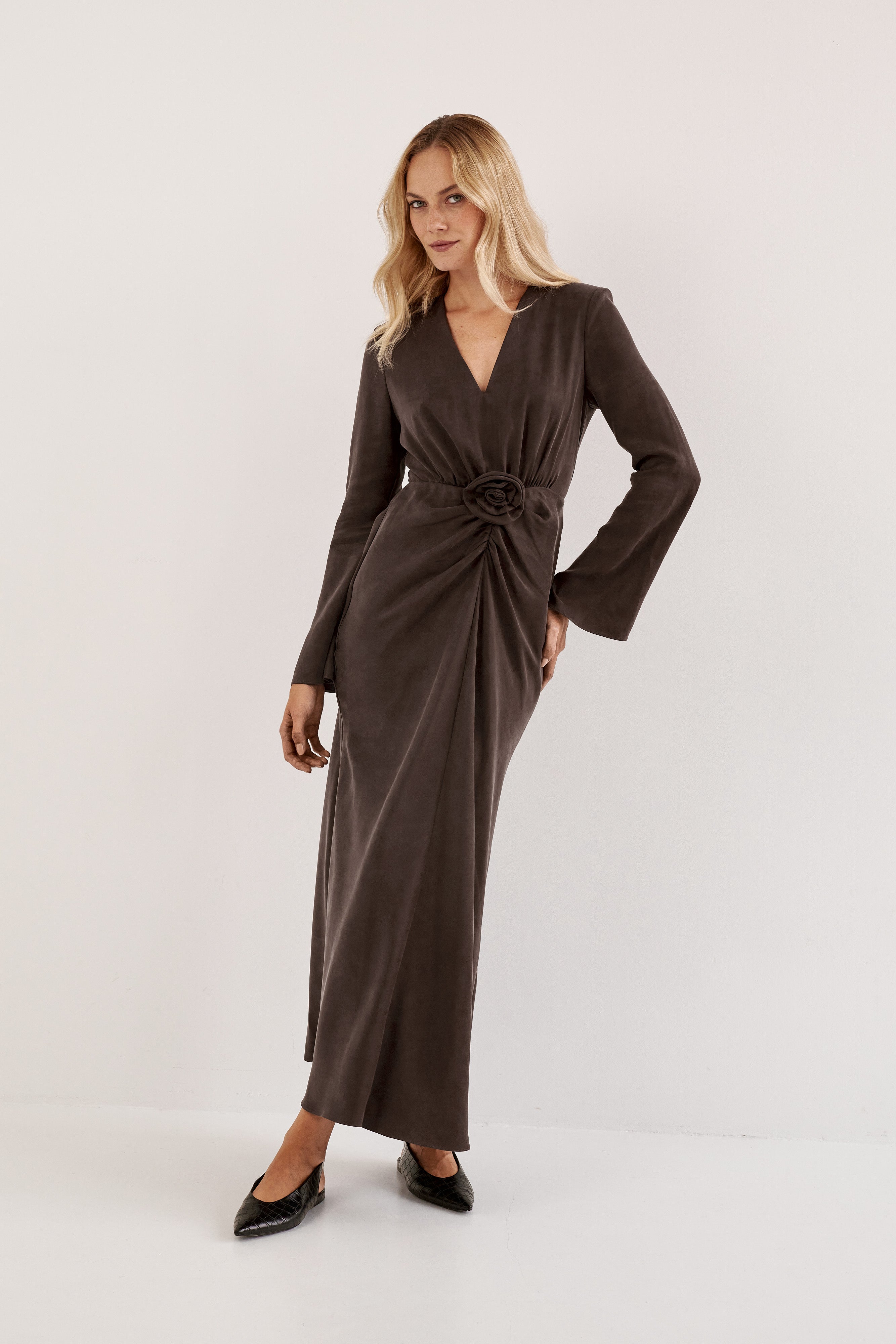 CHOCOLATE MAXI DRESS WITH TIE